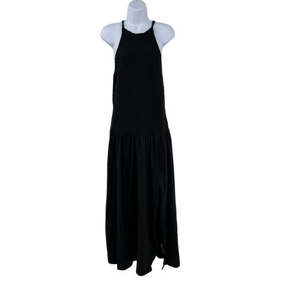 Free People Beach Spell on You Drop Waist Maxi Dress L Black Smocked High Neck - Picture 2 of 9